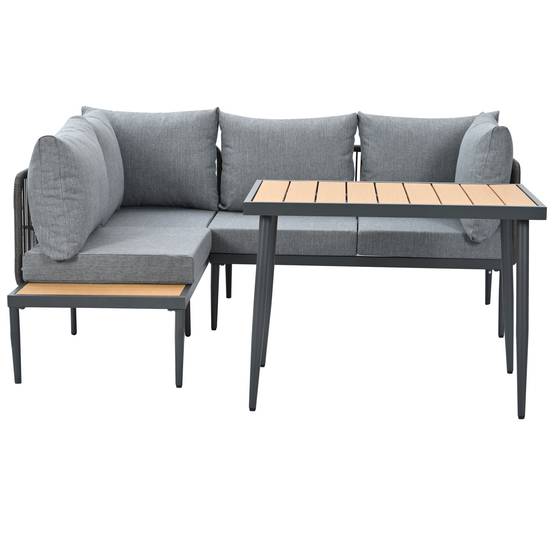 Ensemble table et chaises de jardin, canapé d'angle + table de salle à manger, tube d'acier galvanisé, plateau de table en bois plastique, gris - Image 5