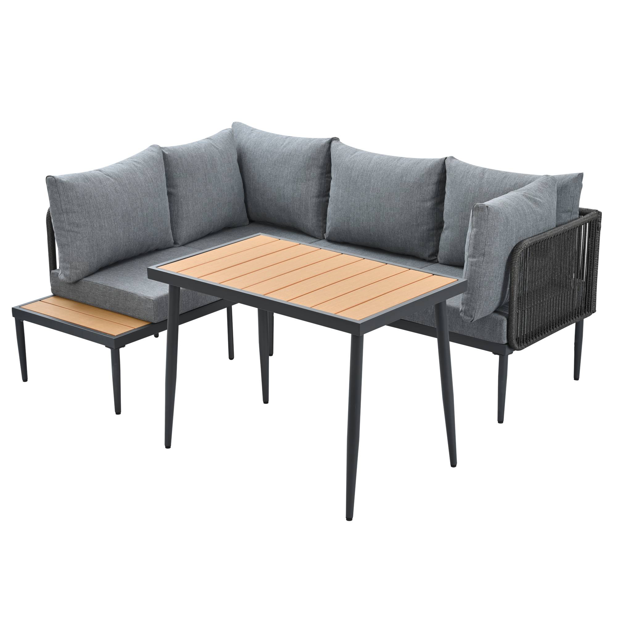 Ensemble table et chaises de jardin, canapé d'angle + table de salle à manger, tube d'acier galvanisé, plateau de table en bois plastique, gris - Image 6