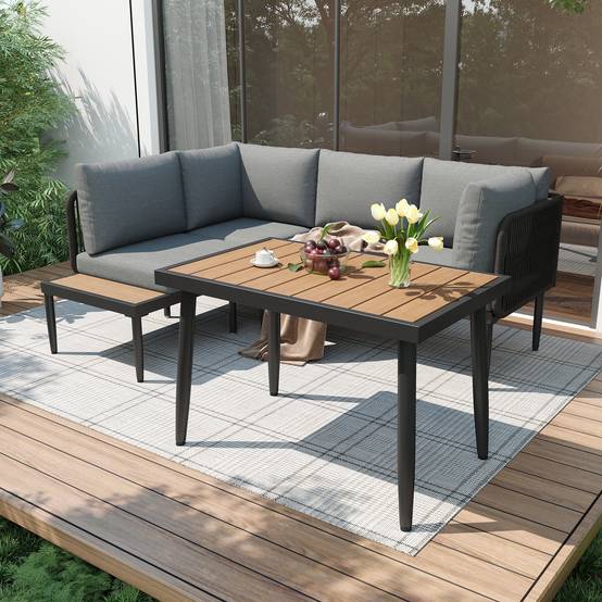 Ensemble table et chaises de jardin, canapé d'angle + table de salle à manger, tube d'acier galvanisé, plateau de table en bois plastique, gris - Image 1