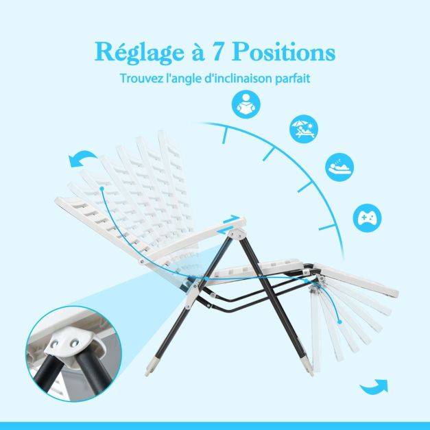 Helloshop26 - Chaise longue inclinable avec dossier réglable à 7 niveaux transat bain de soleil fauteuil de jardin pour piscine plage - Image 3