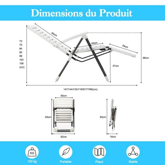 Helloshop26 - Chaise longue inclinable avec dossier réglable à 7 niveaux transat bain de soleil fauteuil de jardin pour piscine plage - Image 6