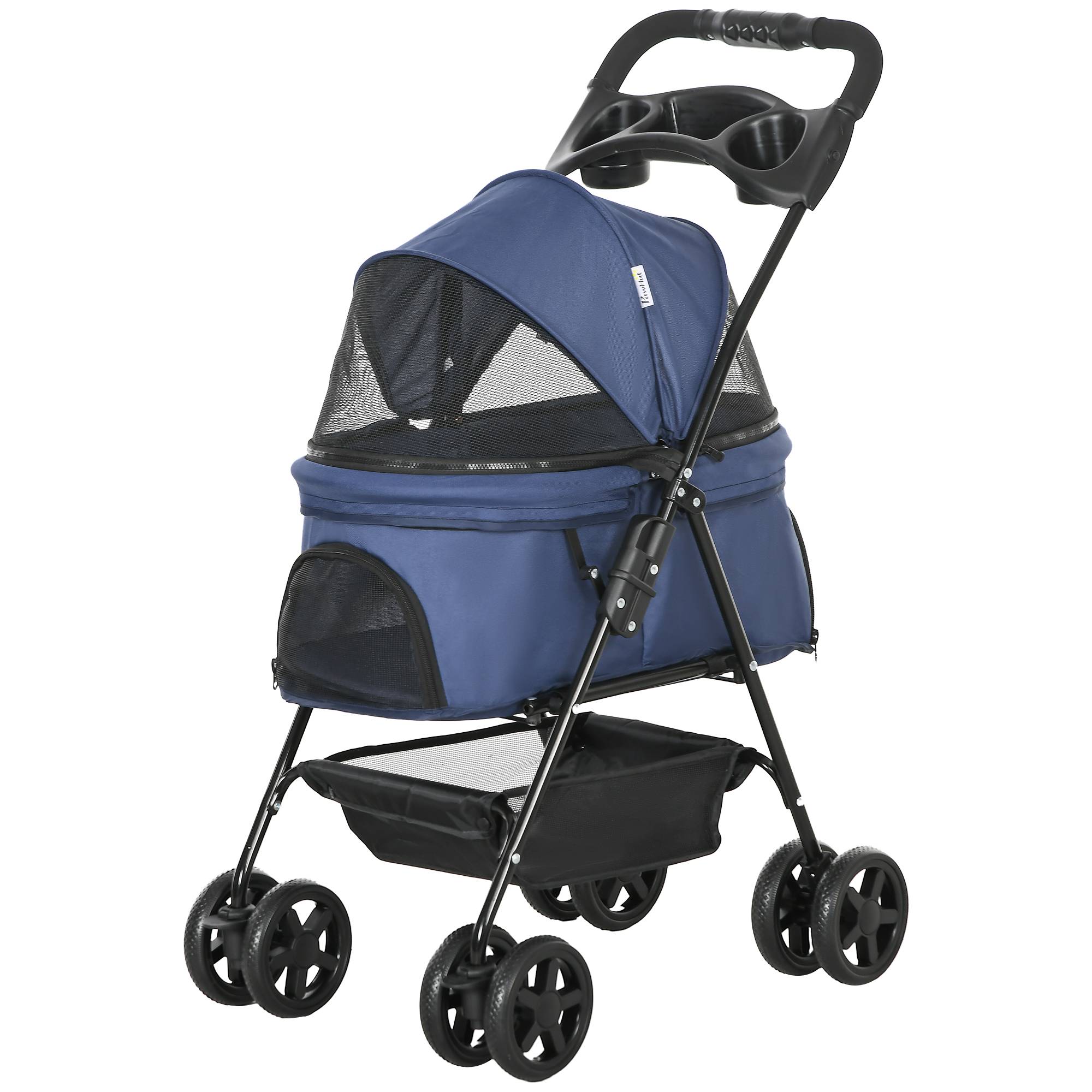 Poussette buggy pliable chien chat panier rangement porte-gobelets tissu 300D Oxford imperméable 4 roues bleu foncé - Image 2
