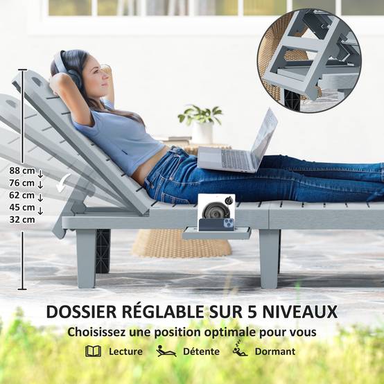Lot de 2 bain de soleil, chaise longue avec plateaux rétractables - 158x62x88cm Gris foncé fr71 - Image 6