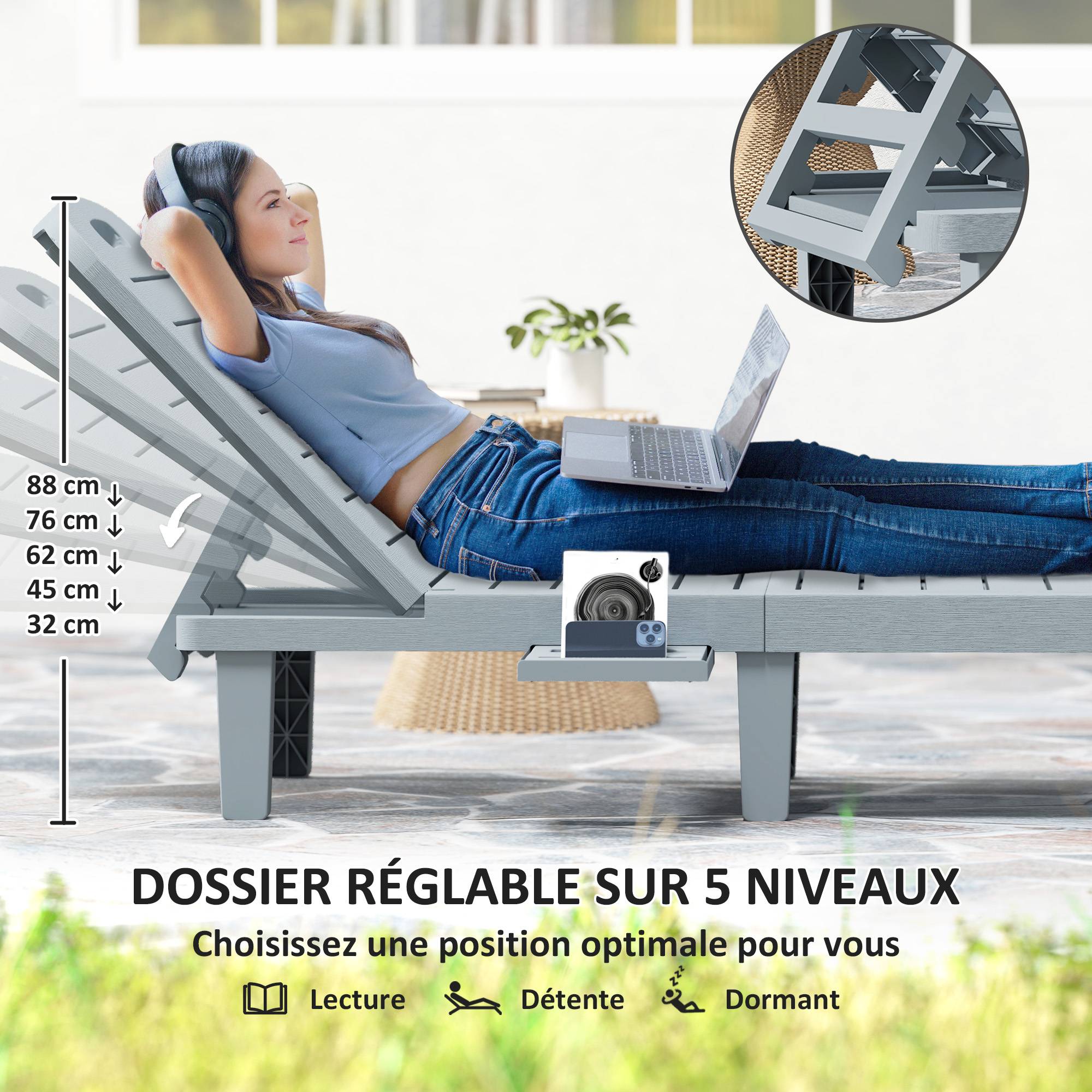 Lot de 2 bain de soleil, chaise longue avec plateaux rétractables - 158x62x88cm Gris foncé fr71 - Image 6