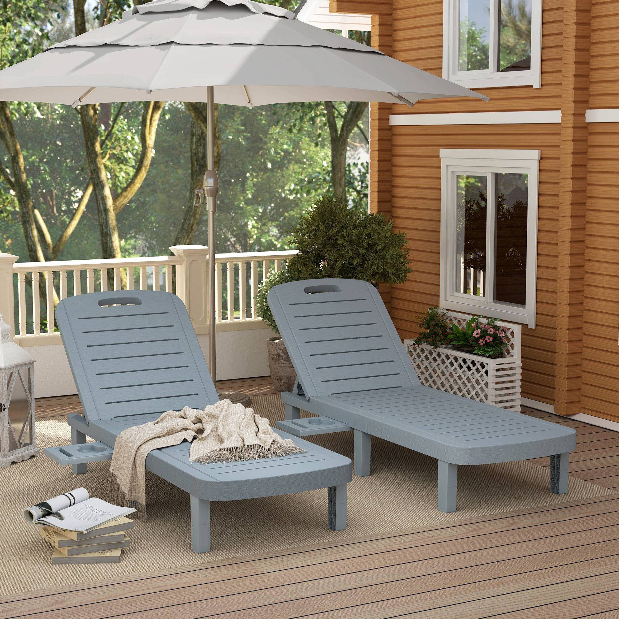 Lot de 2 bain de soleil, chaise longue avec plateaux rétractables - 158x62x88cm Gris foncé fr71 - Image 3