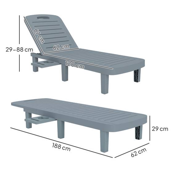 Lot de 2 bain de soleil, chaise longue avec plateaux rétractables - 158x62x88cm Gris foncé fr71 - Image 5