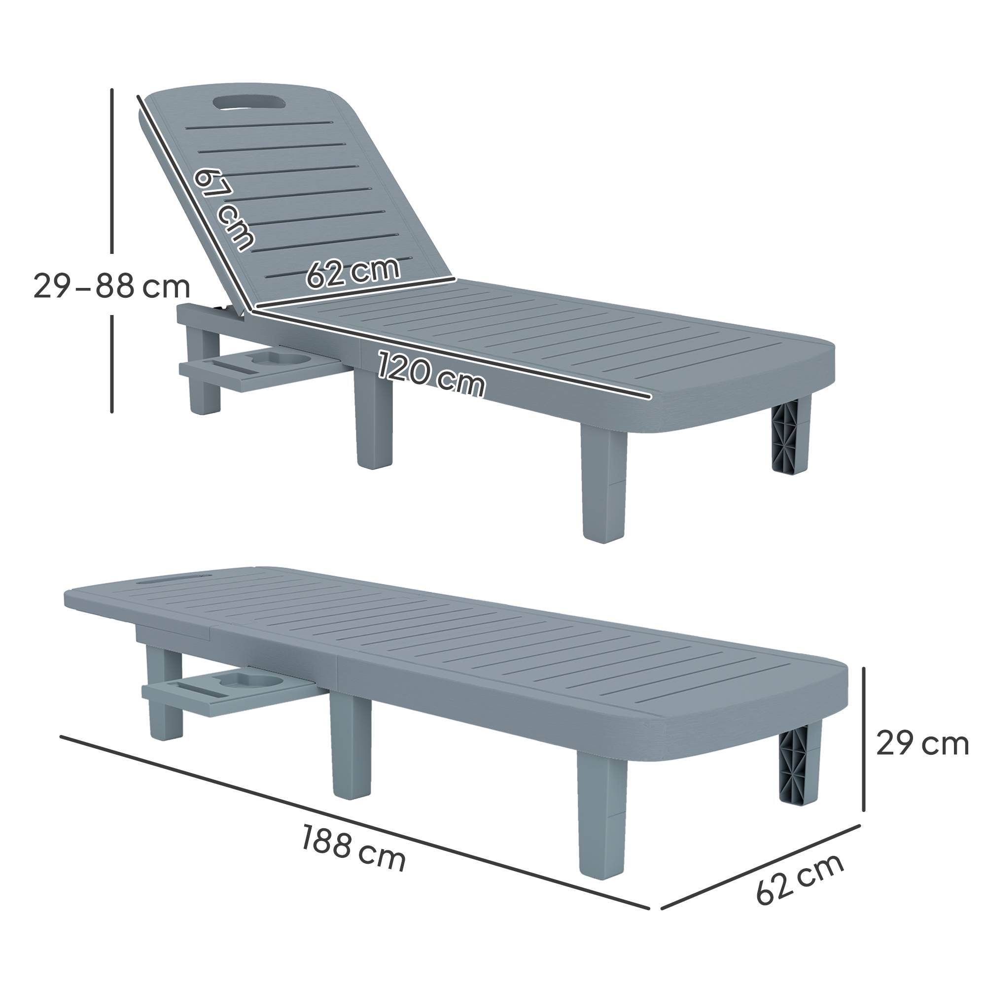 Lot de 2 bain de soleil, chaise longue avec plateaux rétractables - 158x62x88cm Gris foncé fr71 - Image 5