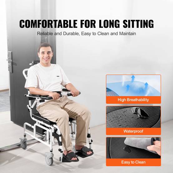 VEVOR Fauteuil roulant de douche aluminium 440mm, charge 136kg, réglable avec frein, pour adultes handicapés. - Image 4