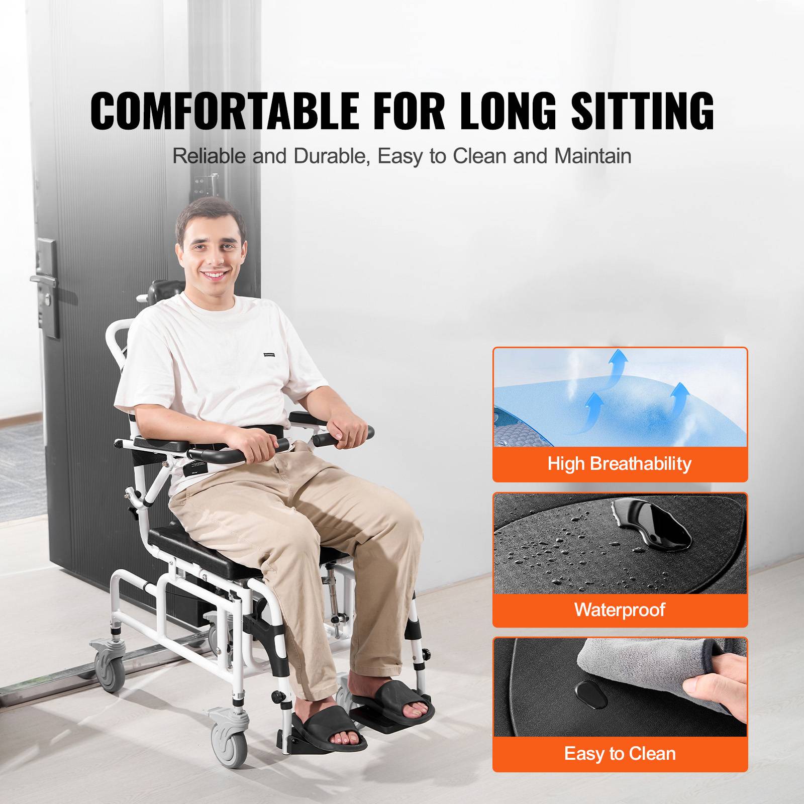 VEVOR Fauteuil roulant de douche aluminium 440mm, charge 136kg, réglable avec frein, pour adultes handicapés. - Image 4