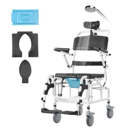 VEVOR Fauteuil roulant de douche aluminium 440mm, charge 136kg, réglable avec frein, pour adultes handicapés. - Image 1