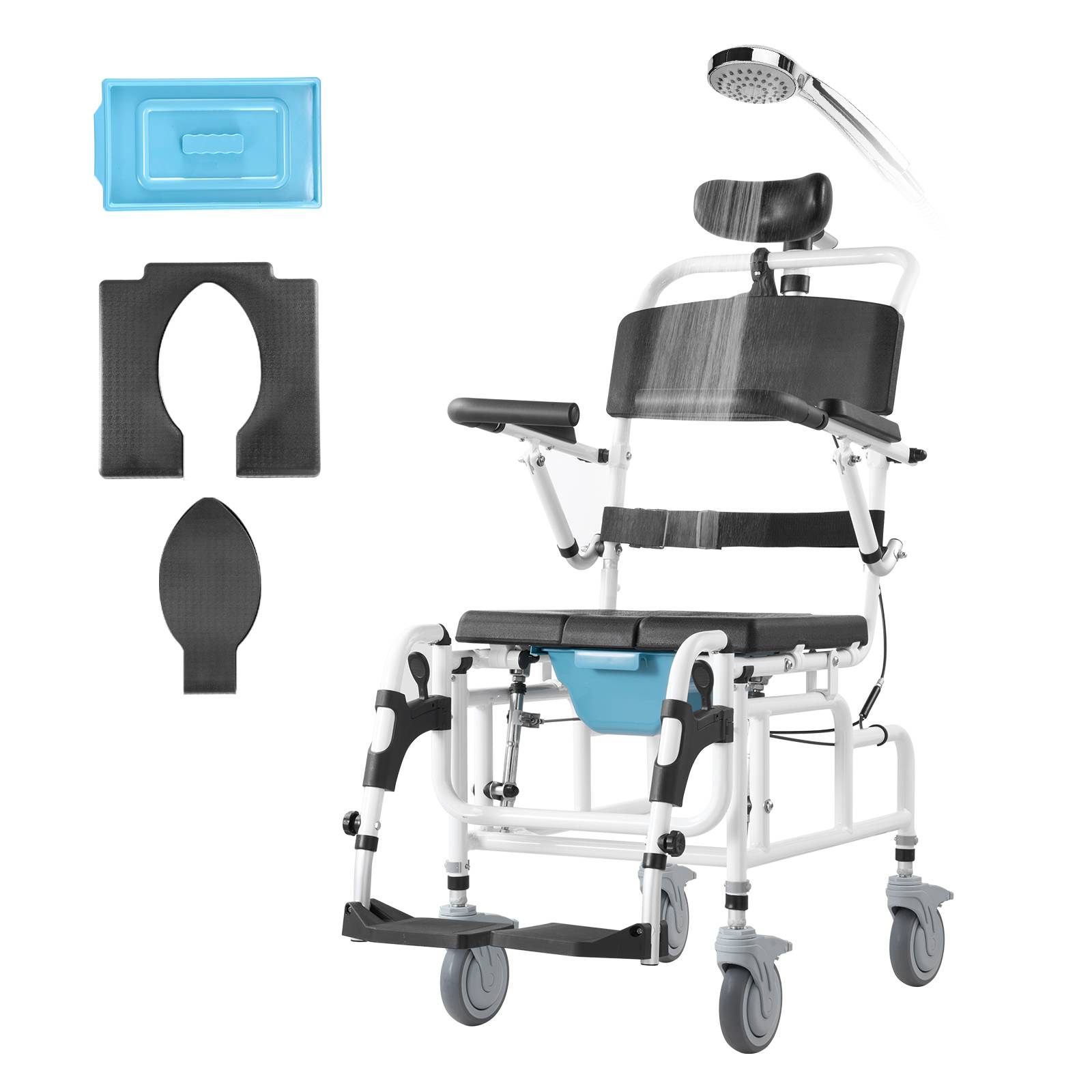 VEVOR Fauteuil roulant de douche aluminium 440mm, charge 136kg, réglable avec frein, pour adultes handicapés. - Image 1
