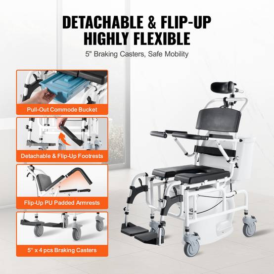 VEVOR Fauteuil roulant de douche aluminium 440mm, charge 136kg, réglable avec frein, pour adultes handicapés. - Image 5