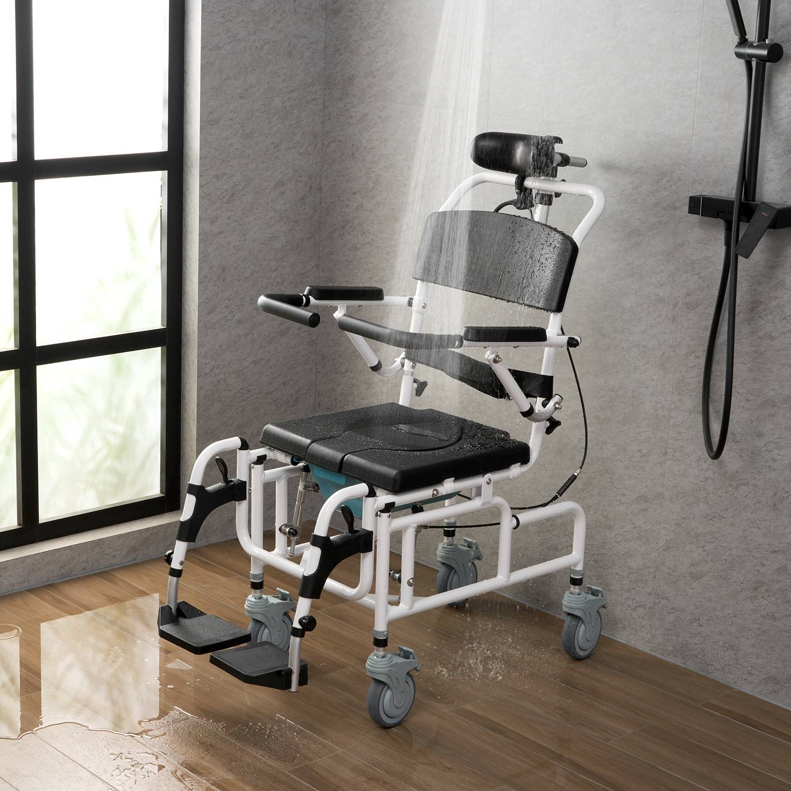 VEVOR Fauteuil roulant de douche aluminium 440mm, charge 136kg, réglable avec frein, pour adultes handicapés. - Image 8