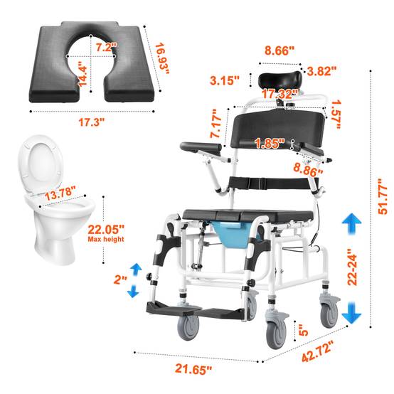 VEVOR Fauteuil roulant de douche aluminium 440mm, charge 136kg, réglable avec frein, pour adultes handicapés. - Image 2