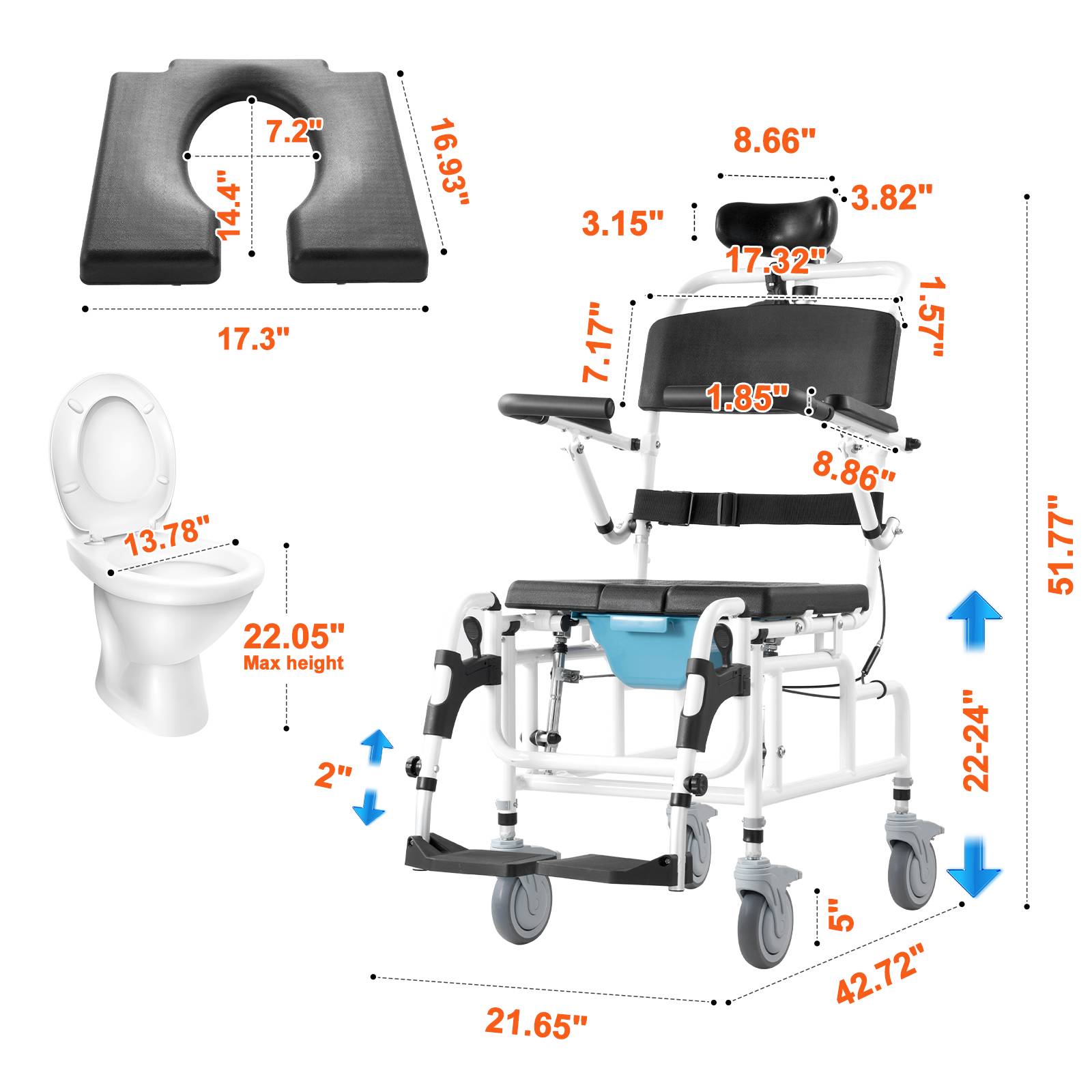 VEVOR Fauteuil roulant de douche aluminium 440mm, charge 136kg, réglable avec frein, pour adultes handicapés. - Image 2