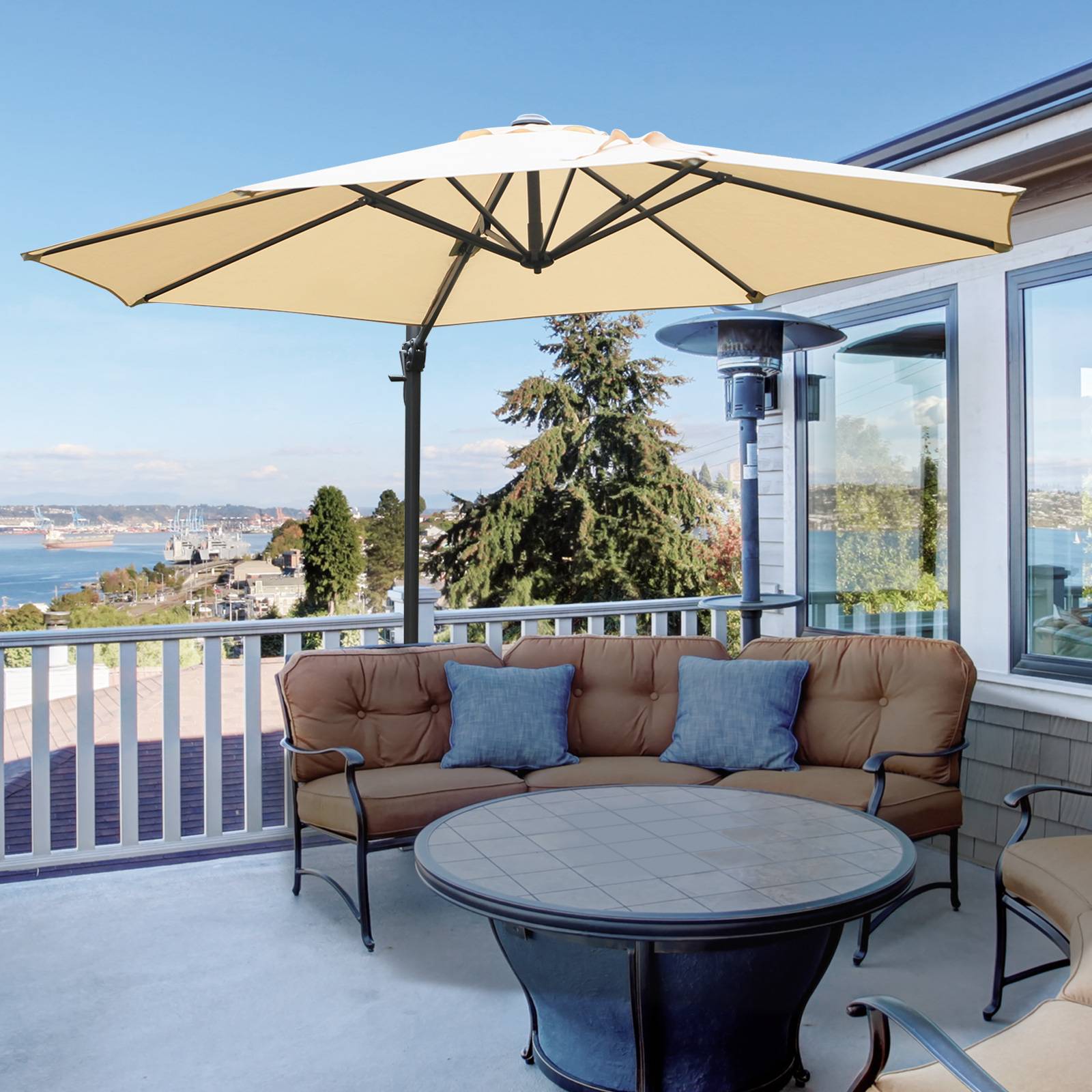 Parasol déporté octogonal inclinable parasol rotatif 360° - 295x295x250cm Polyester Beige fr319 - Image 3