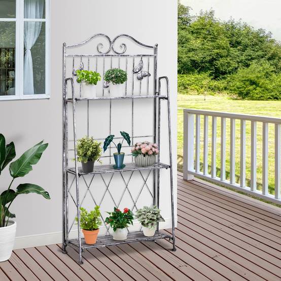 Étagère à fleurs pliable métal balcon jardin 3 niveaux design antique 44x25x96cm gris - ComfortXL Outdoor Living - Image 3