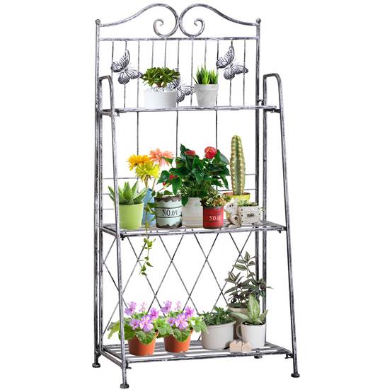 Étagère à fleurs pliable métal balcon jardin 3 niveaux design antique 44x25x96cm gris - ComfortXL Outdoor Living - Image 1