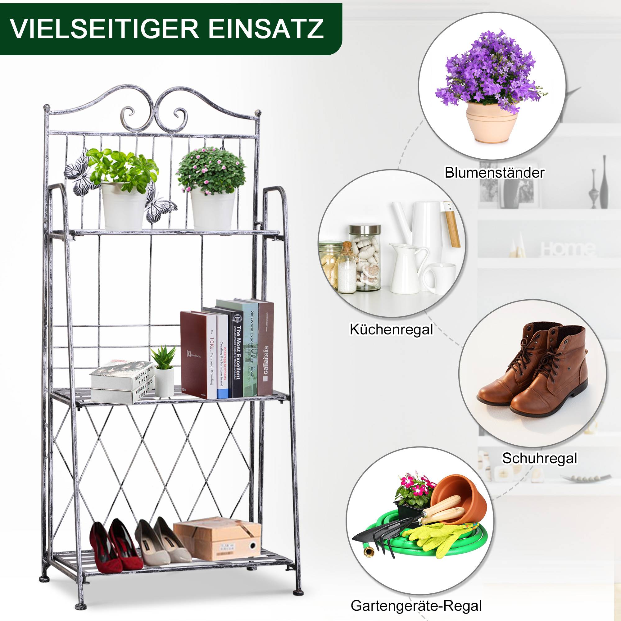 Étagère à fleurs pliable métal balcon jardin 3 niveaux design antique 44x25x96cm gris - ComfortXL Outdoor Living - Image 6
