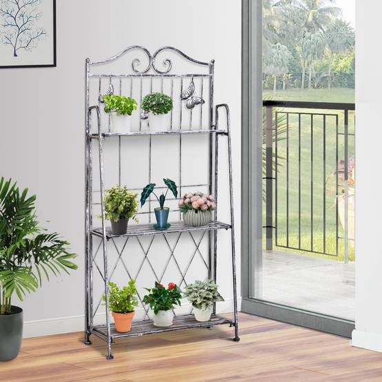 Étagère à fleurs pliable métal balcon jardin 3 niveaux design antique 44x25x96cm gris - ComfortXL Outdoor Living - Image 4