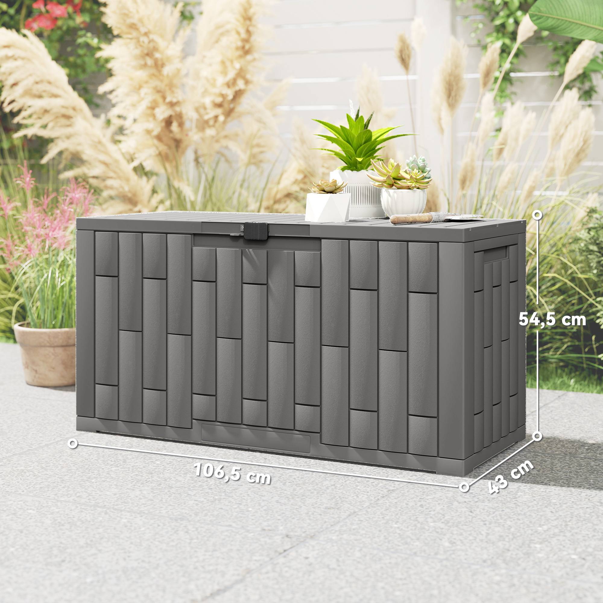 Coffre Rangement Extérieur Résine Effet Bois Imperméable 227L 106x43x54cm Gris Foncé - ComfortXL Outdoor Living - Image 5