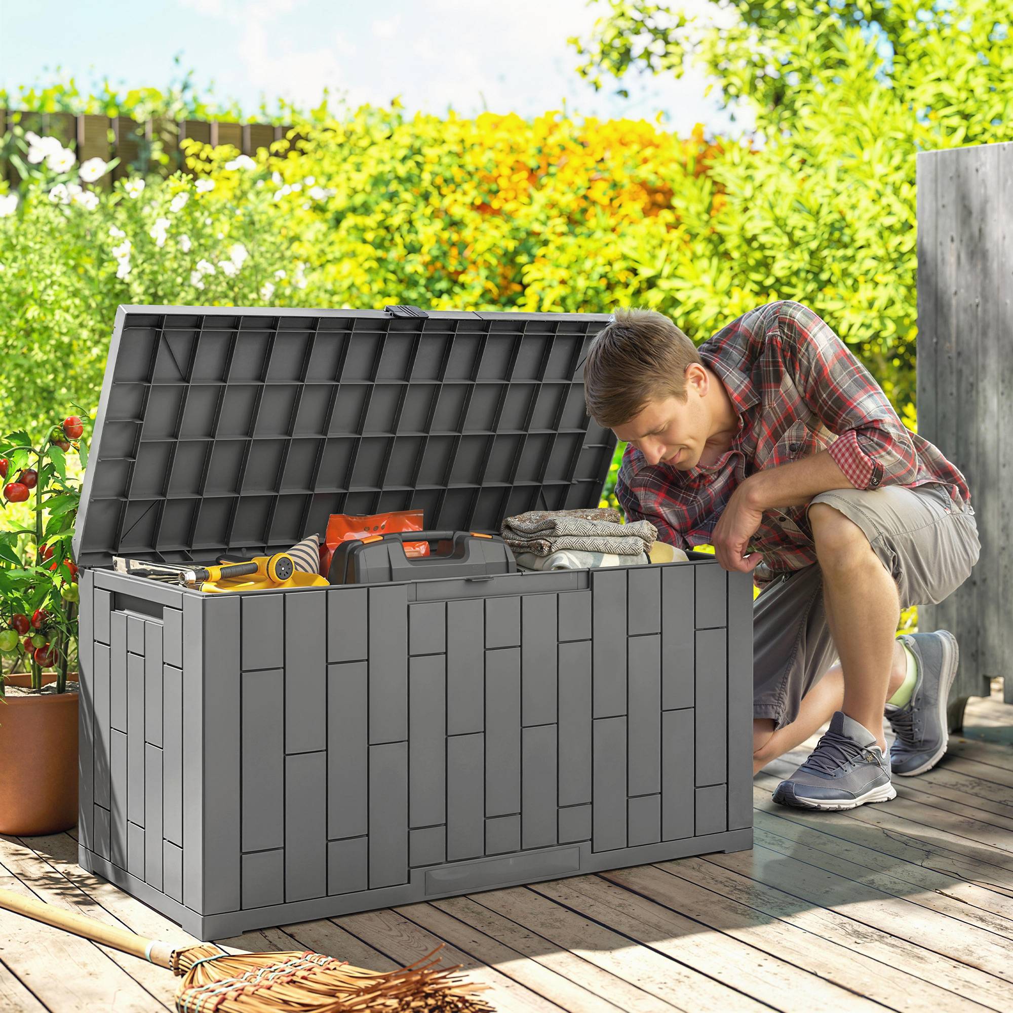 Coffre Rangement Extérieur Résine Effet Bois Imperméable 227L 106x43x54cm Gris Foncé - ComfortXL Outdoor Living - Image 4