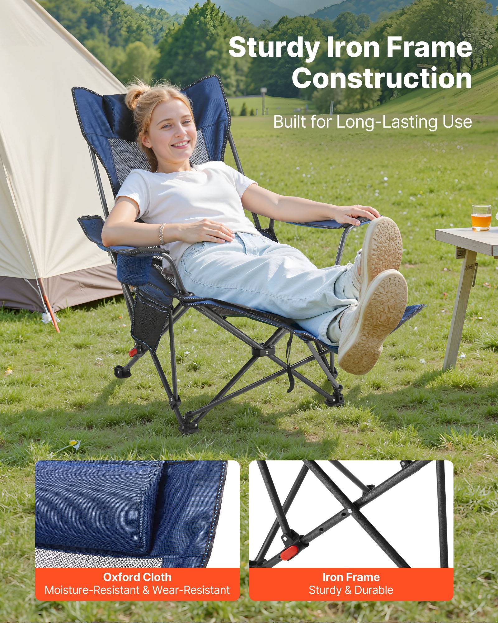 Vevor - VEVOR Chaise Camping Pliante Chaise Longue Inclinable Portable Tissu Maille Bleu - Image 3
