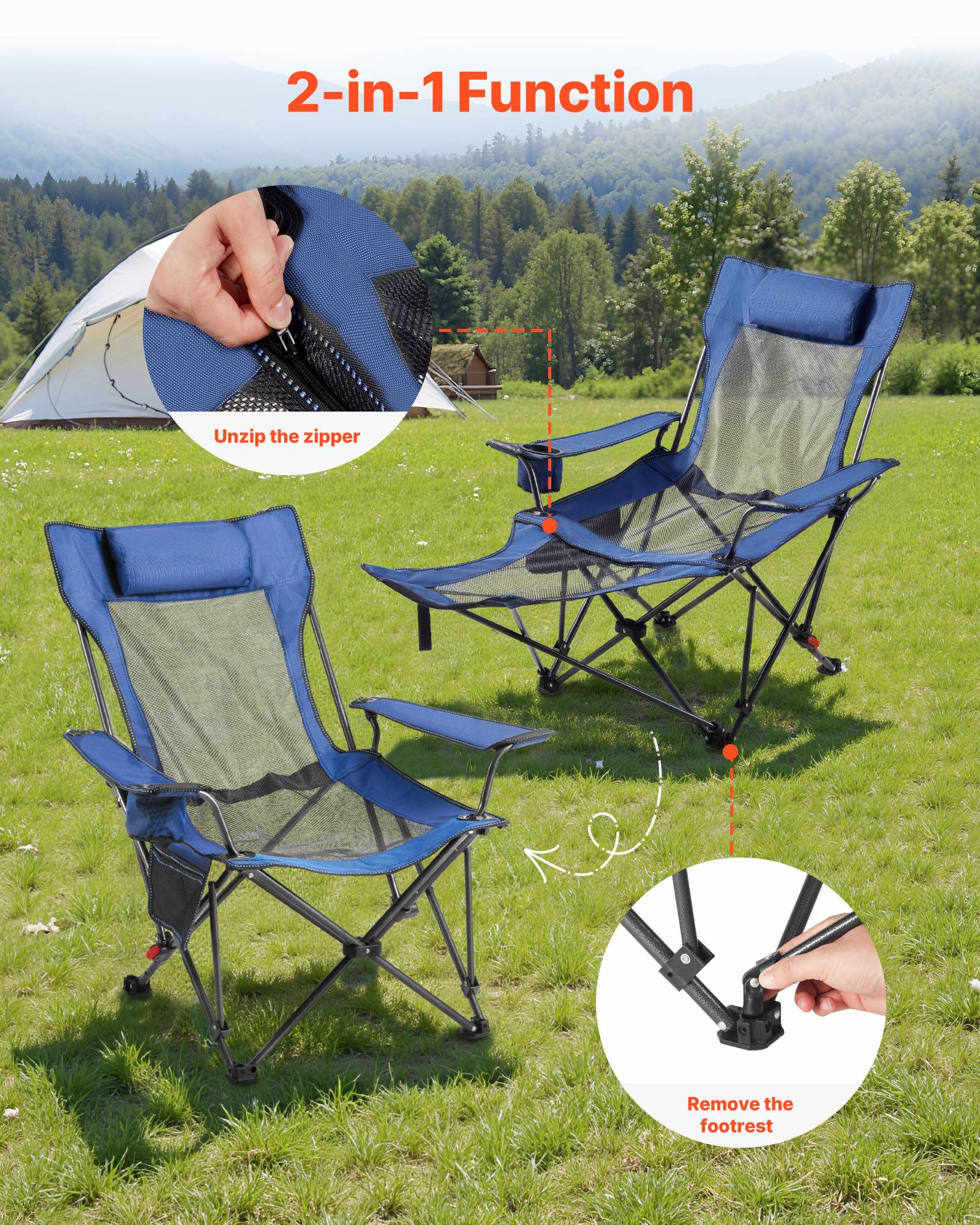 Vevor - VEVOR Chaise Camping Pliante Chaise Longue Inclinable Portable Tissu Maille Bleu - Image 5