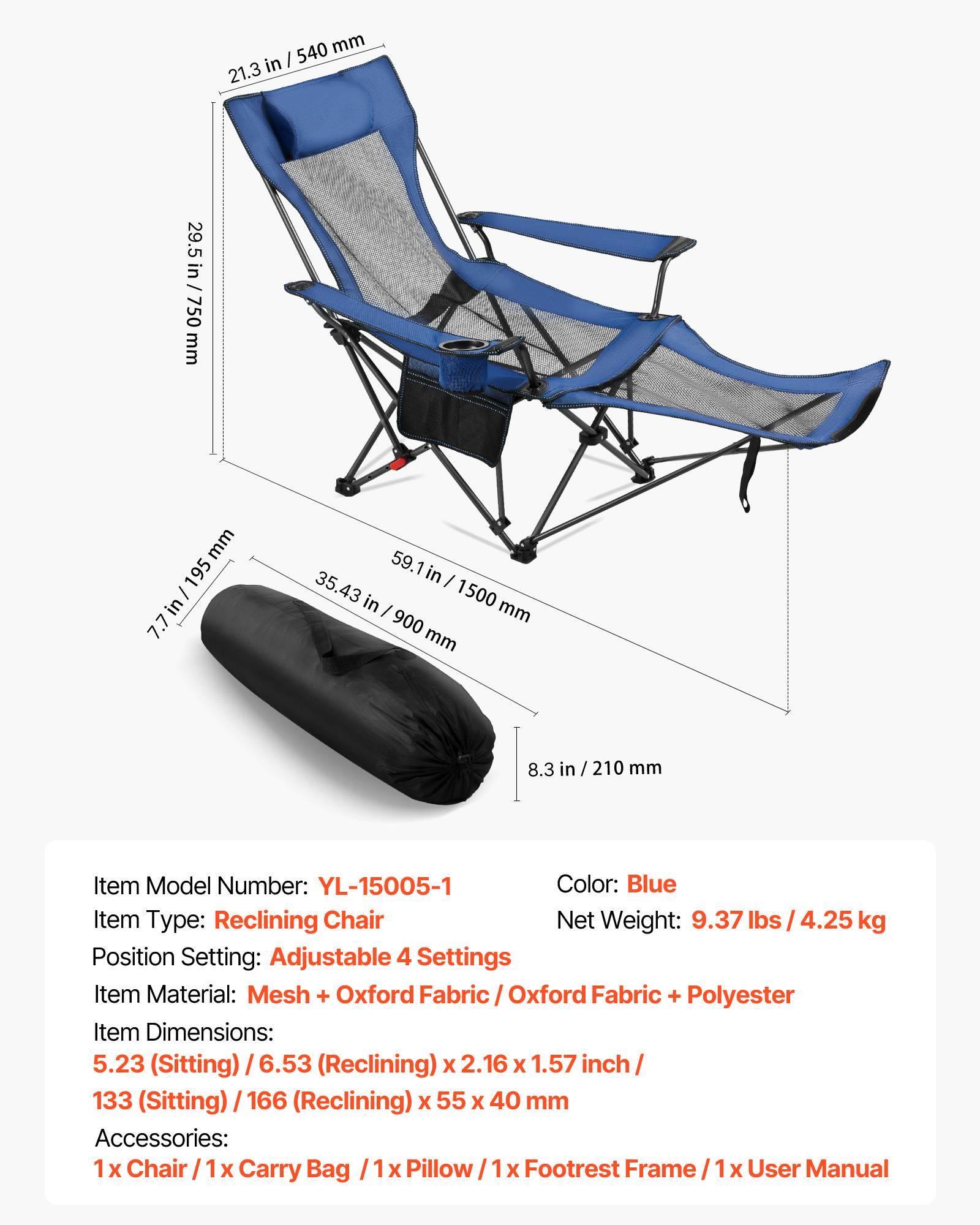 Vevor - VEVOR Chaise Camping Pliante Chaise Longue Inclinable Portable Tissu Maille Bleu - Image 7