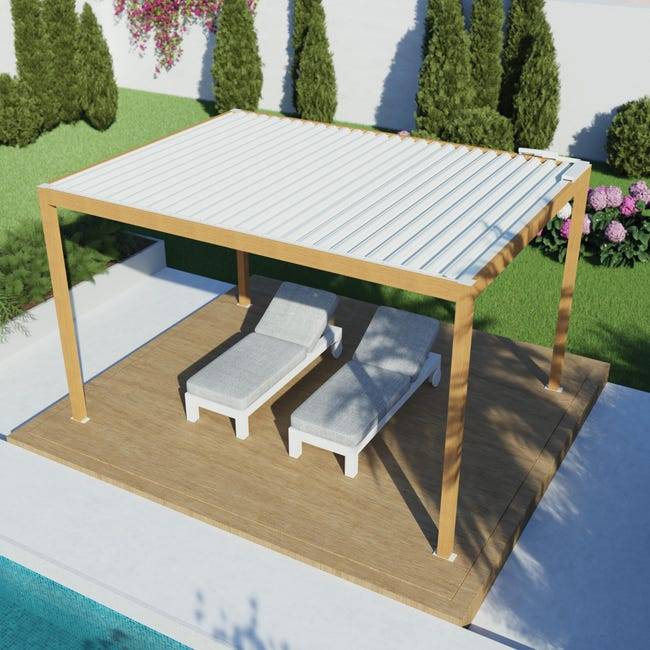 Pergola Bioclimatique Autoportante Motorisée Éclairée Aluminium 4x3 Aspect Bois SV ORIAL France - Image 2