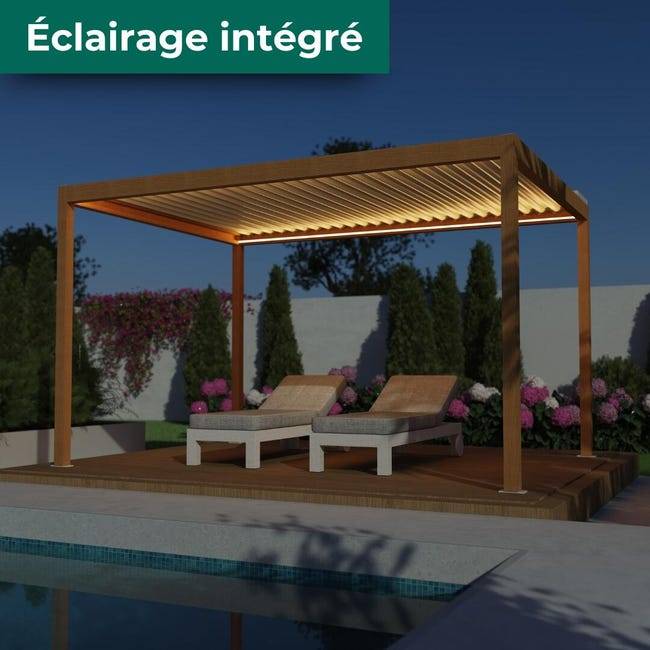 Pergola Bioclimatique Autoportante Motorisée Éclairée Aluminium 4x3 Aspect Bois SV ORIAL France - Image 3
