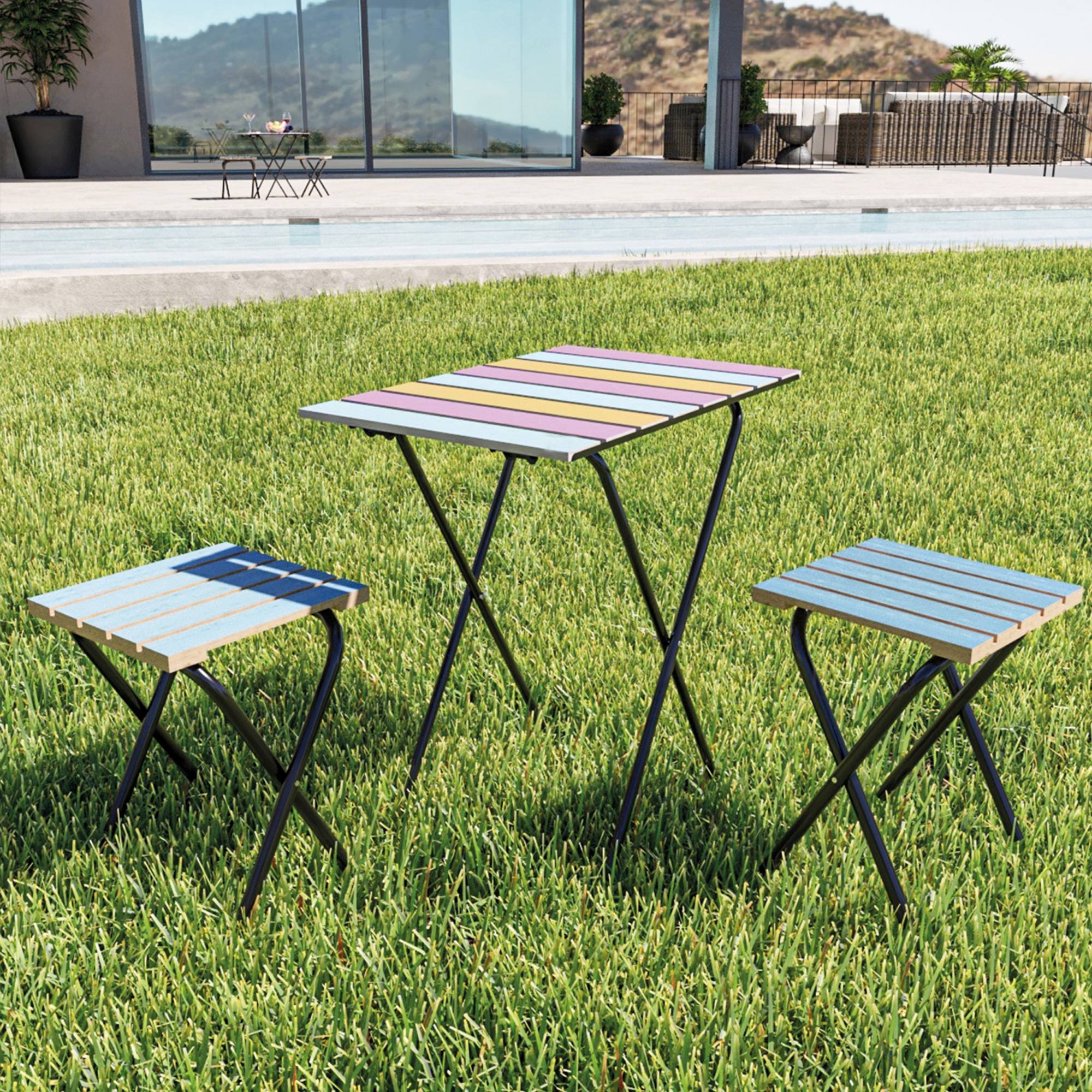 Casa.Pro - Set de bistrot Pieksämäki avec table et 2 tabourets pliantes métal bois de pin noir multicolore bleu [en.casa] - Image 2