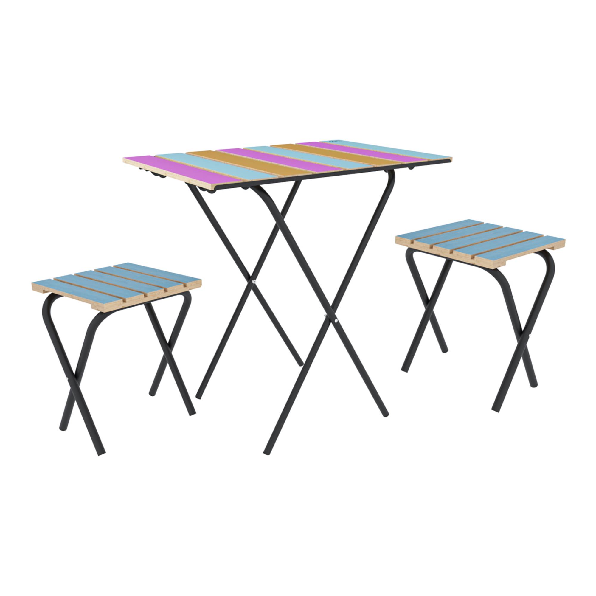 Casa.Pro - Set de bistrot Pieksämäki avec table et 2 tabourets pliantes métal bois de pin noir multicolore bleu [en.casa] - Image 1