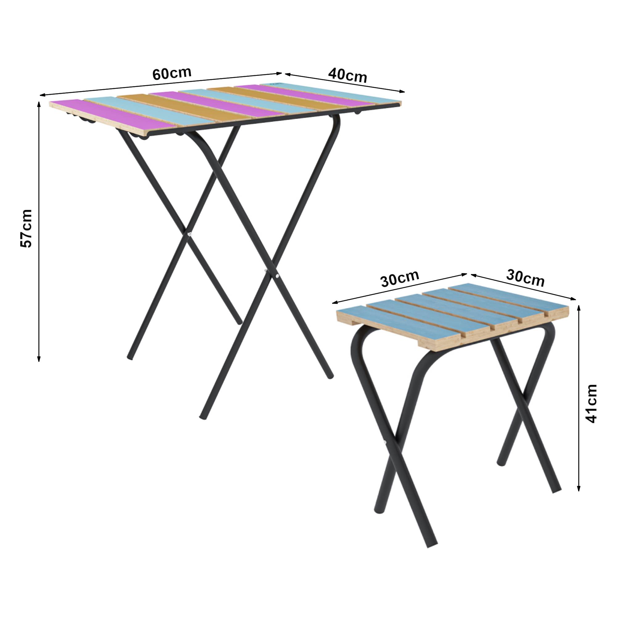 Casa.Pro - Set de bistrot Pieksämäki avec table et 2 tabourets pliantes métal bois de pin noir multicolore bleu [en.casa] - Image 8