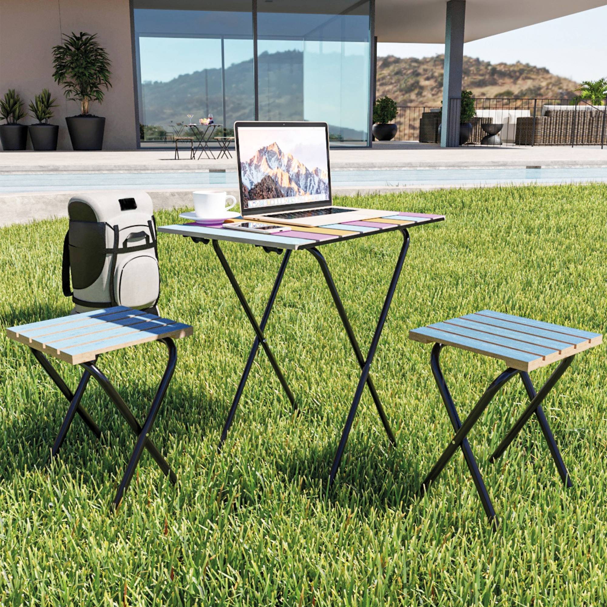 Casa.Pro - Set de bistrot Pieksämäki avec table et 2 tabourets pliantes métal bois de pin noir multicolore bleu [en.casa] - Image 7