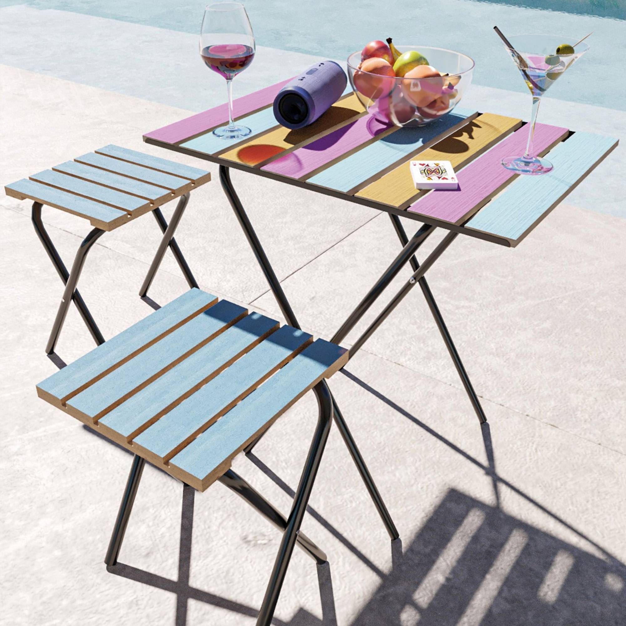 Casa.Pro - Set de bistrot Pieksämäki avec table et 2 tabourets pliantes métal bois de pin noir multicolore bleu [en.casa] - Image 4