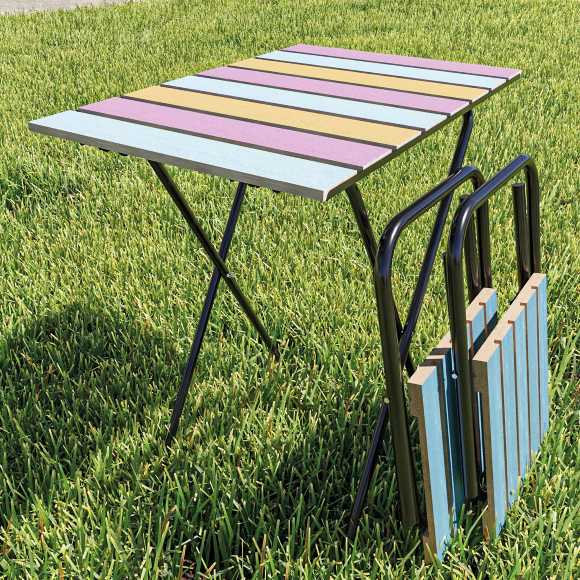 Casa.Pro - Set de bistrot Pieksämäki avec table et 2 tabourets pliantes métal bois de pin noir multicolore bleu [en.casa] - Image 6