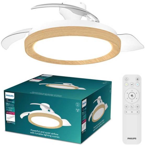 Philips - Ventilateur de Plafond - Plafonnier - Philips - Bliss - Pales rétractables - Diametre 106 cm -Bois - LED intégrée + télécommande - Image 1