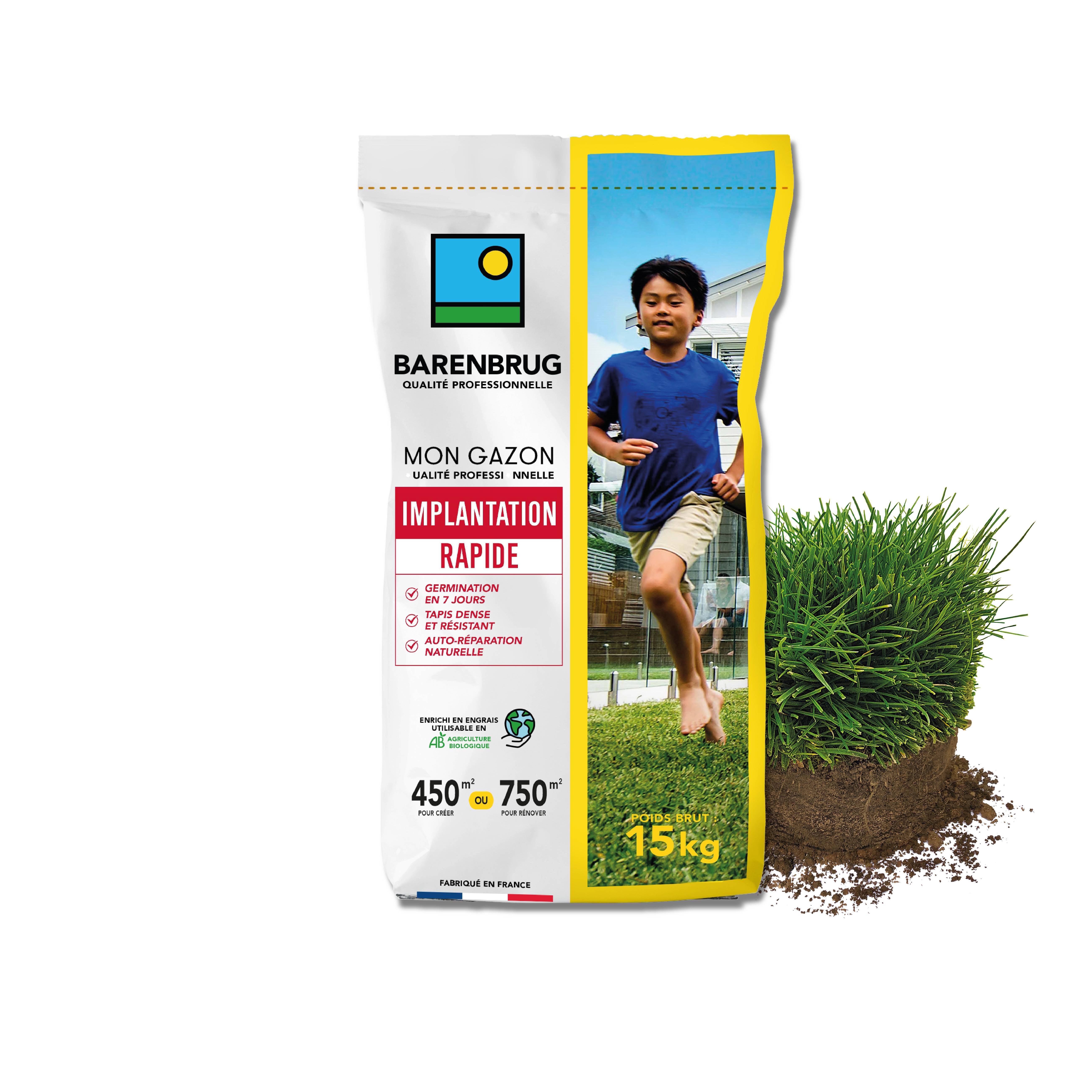 Gazon Implantation Rapide - Germination en 7 Jours - Tapis Dense et Résistant - Autoréparation Naturelle - 15KG - BARENBRUG