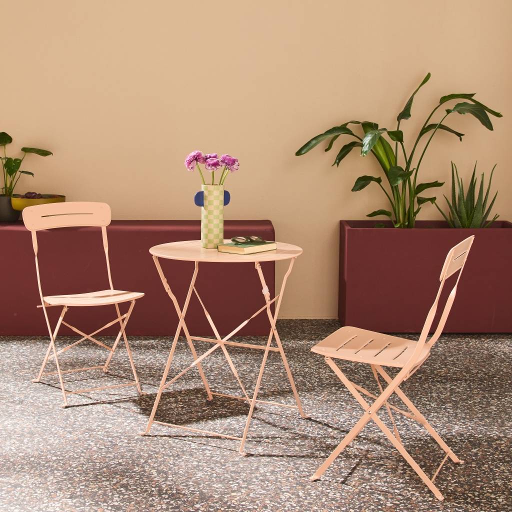 sweeek - Table de jardin bistrot pliante ronde acier + 2 assises rose - Balconea | sweeek - Image 1