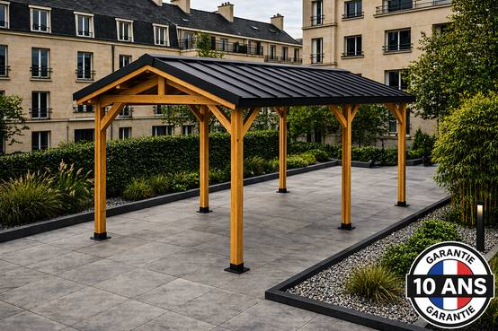 Cpbf Charpentes - Carport camping car 2 pentes en bois douglas 24 m², 6 poteaux pieds de poteaux réglables. Abri extérieur. Garantie 10 ans.