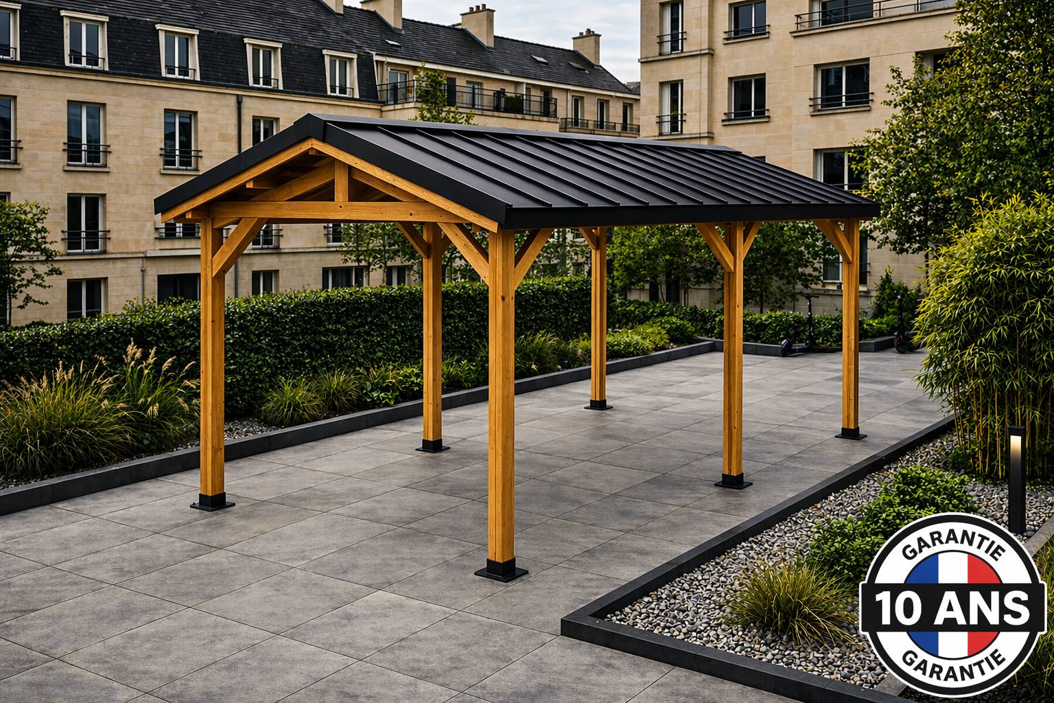 Cpbf Charpentes - Carport camping car 2 pentes en bois douglas 24 m², 6 poteaux  pieds de poteaux réglables. Abri  extérieur. Garantie 10 ans.