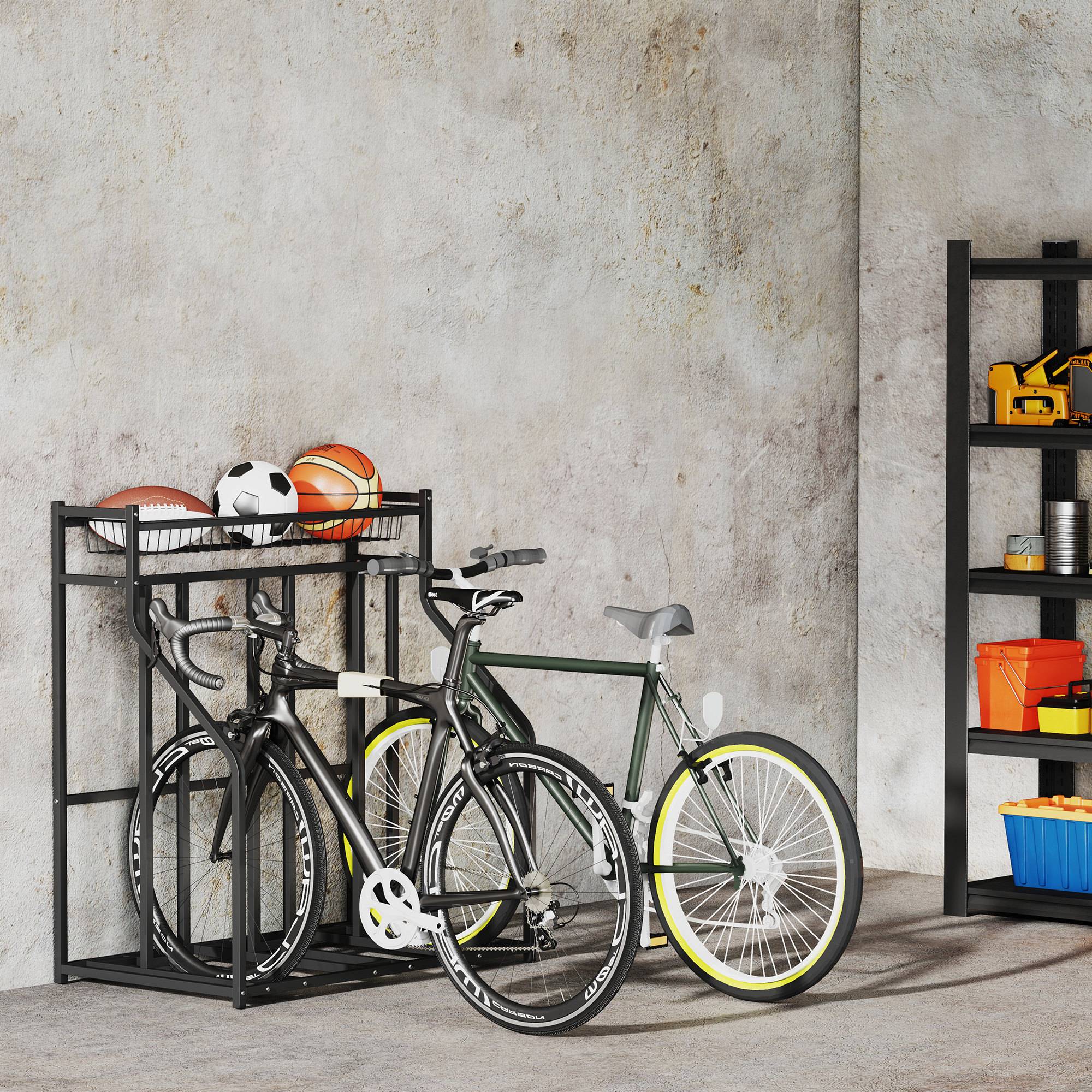 Porte-vélos de stationnement 3 vélos avec panier supérieur et 4 crochets 90x54x100 cm noir, rangement garage - Image 3