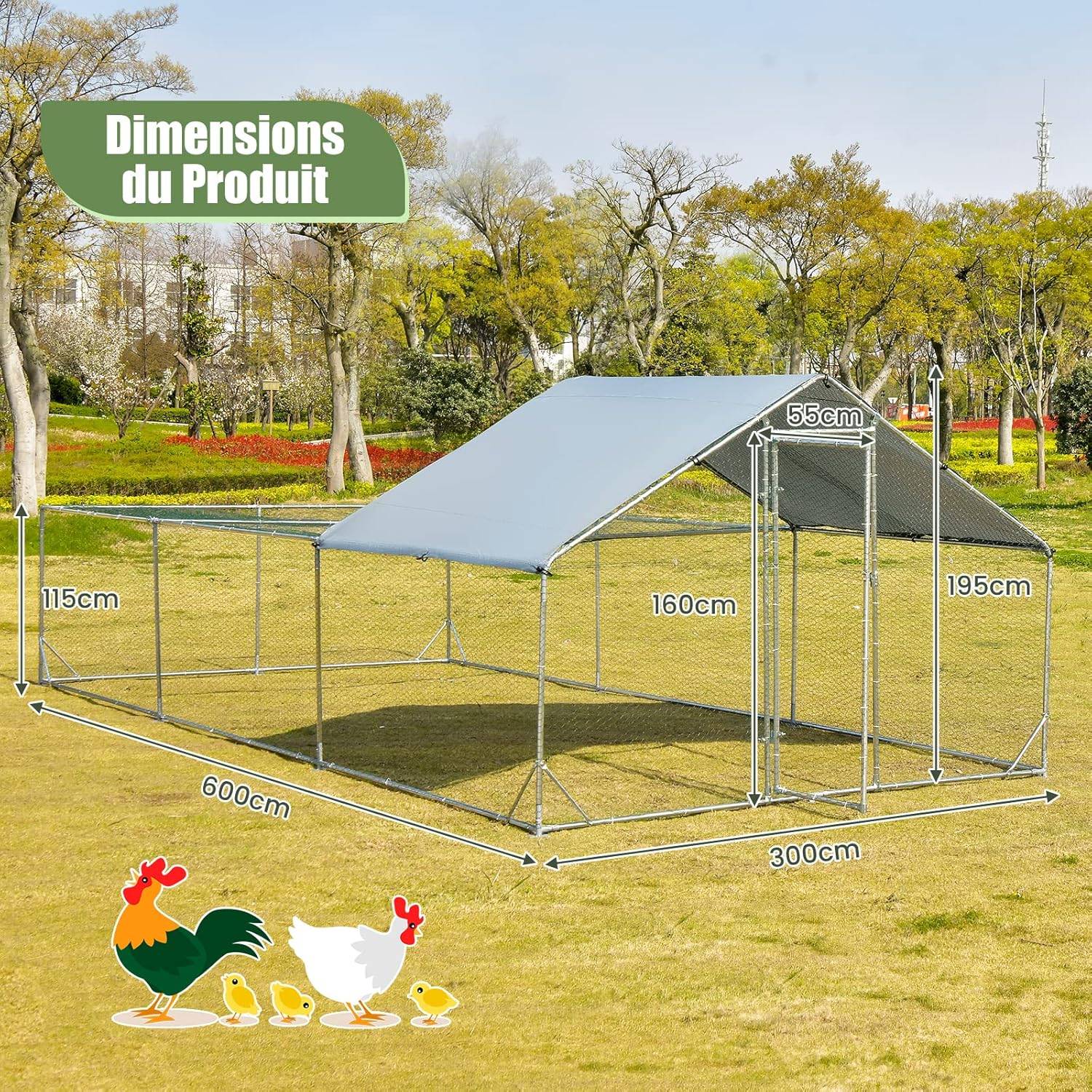 Poulailler en Acier Galvanisé 18㎡-6 x 3 x 1,95 M, Grand Enclos Poule avec Porte Verrou - Image 5