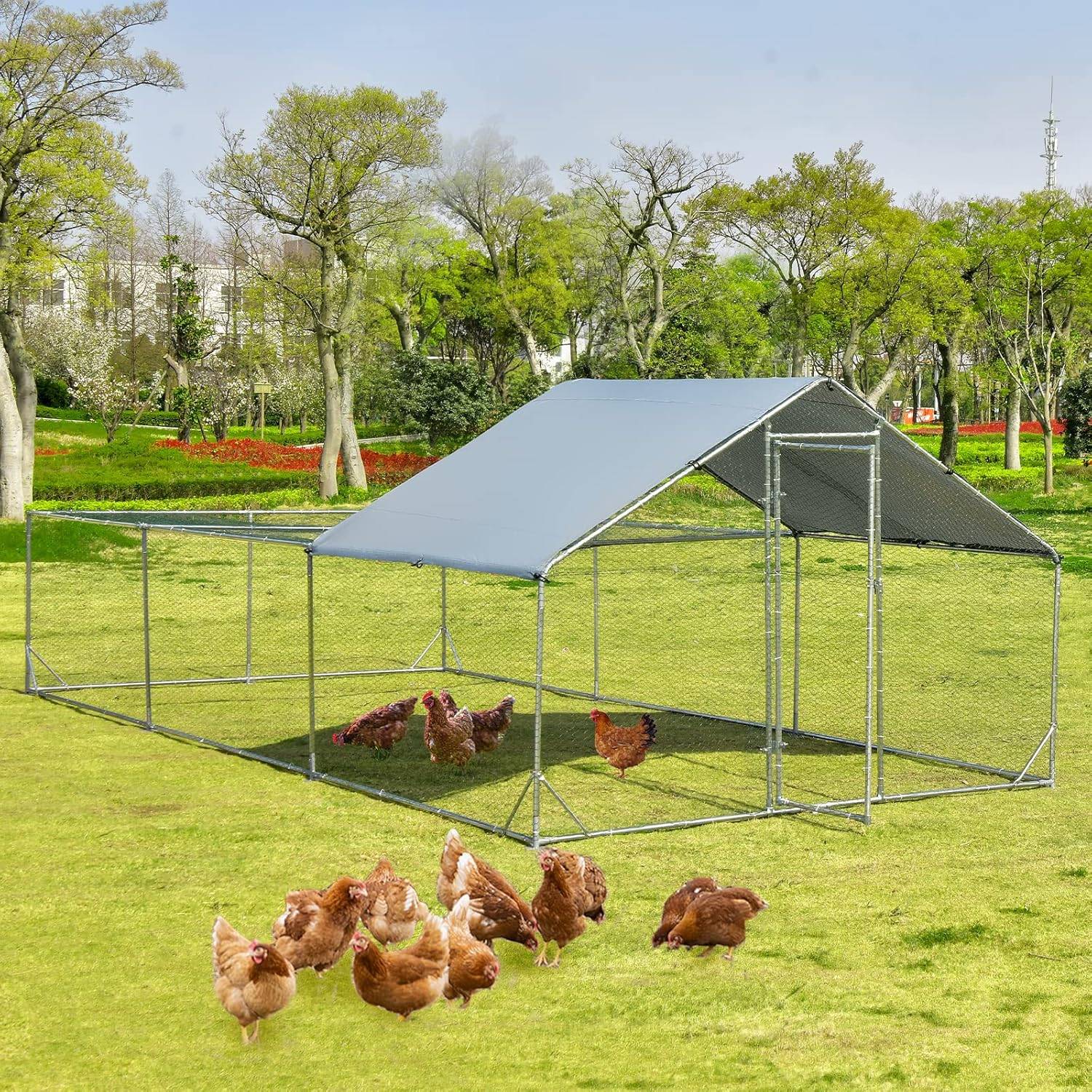 Poulailler en Acier Galvanisé 18㎡-6 x 3 x 1,95 M, Grand Enclos Poule avec Porte Verrou - Image 1