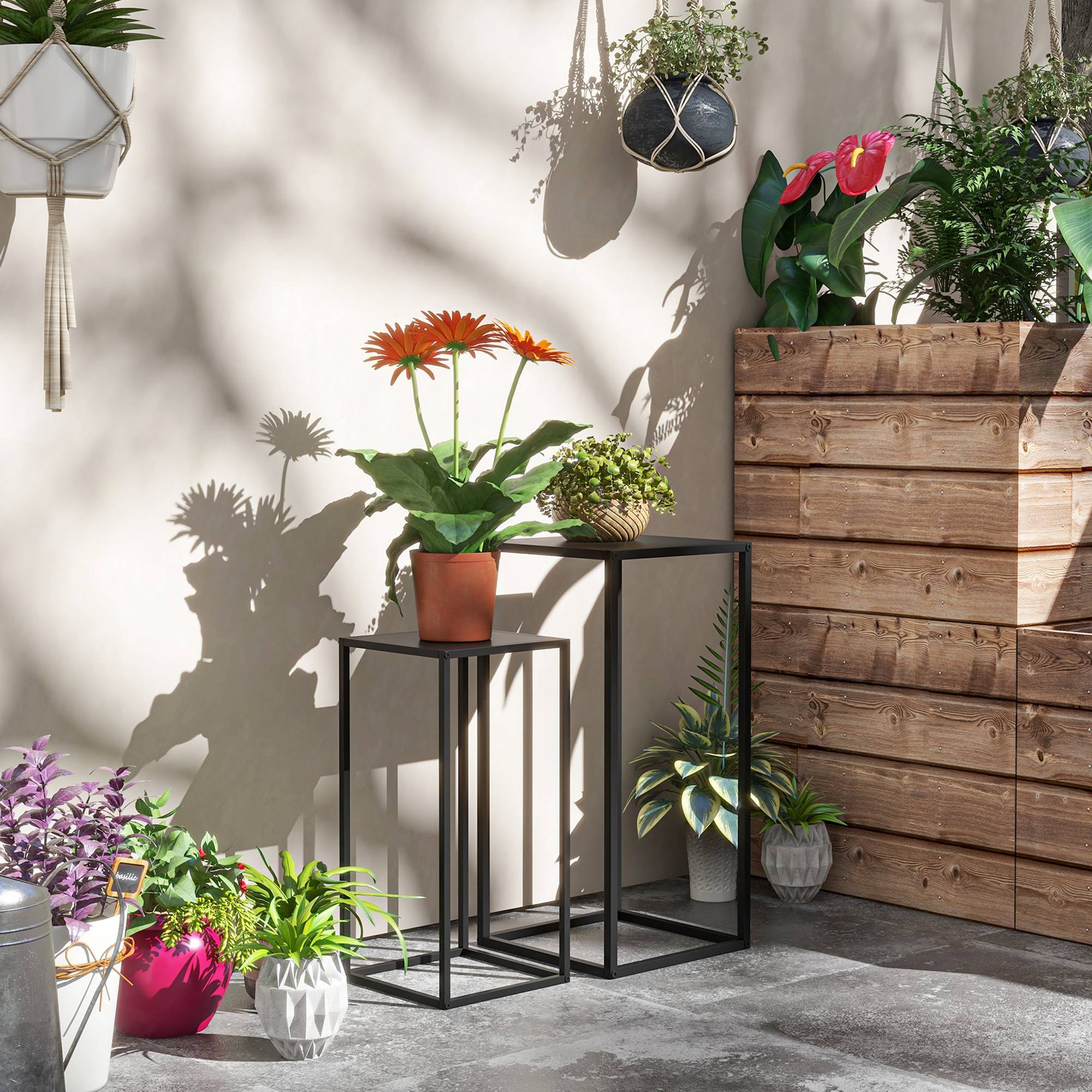 Lot 2 porte-plantes métal style industriel salon balcons hauteurs 58-65cm noir - ComfortXL Outdoor Living - Image 3