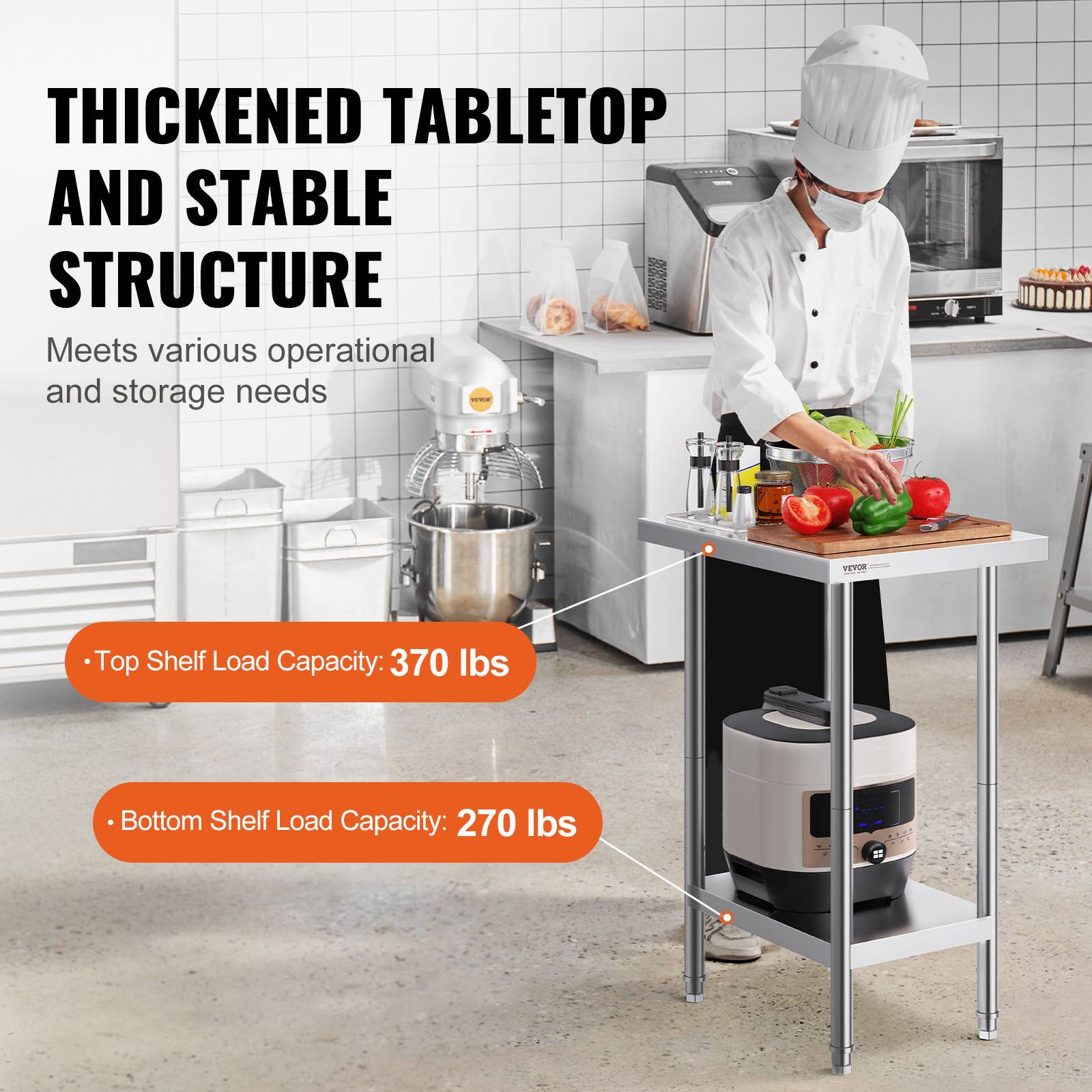 Vevor - VEVOR Table de travail inox 61x46x86cm. Charge 290 kg, 3 hauteurs réglables. Pour cuisine, restaurant. - Image 3