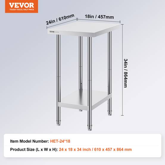 Vevor - VEVOR Table de travail inox 61x46x86cm. Charge 290 kg, 3 hauteurs réglables. Pour cuisine, restaurant. - Image 7