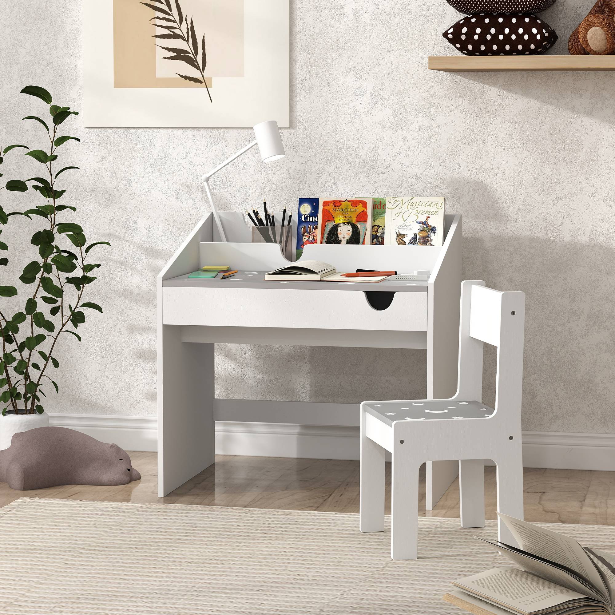 Ensemble bureau chaise enfant avec rangement tiroir coulissant,3-6 ans, motif étoiles, gris - Image 4