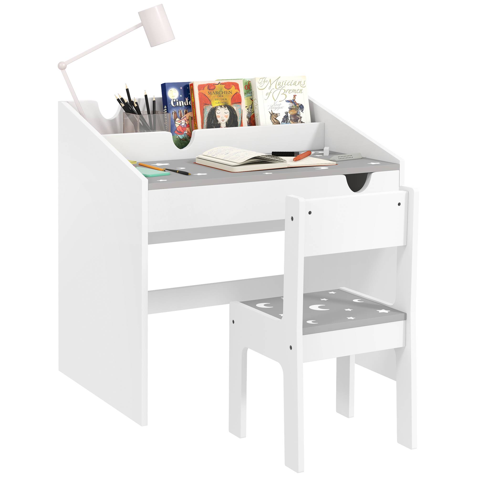 Ensemble bureau chaise enfant avec rangement tiroir coulissant,3-6 ans, motif étoiles, gris - Image 1